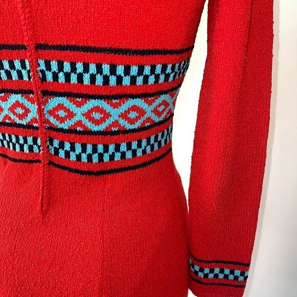 Picardo Knits Vintage Sweater Dress Size Small Red Knit Fitted Midi Cowl Neck - Picture 8 of 14